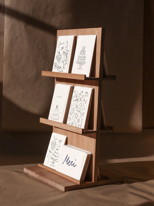 2-sided solid wood card stand for 12 cards (loan available)